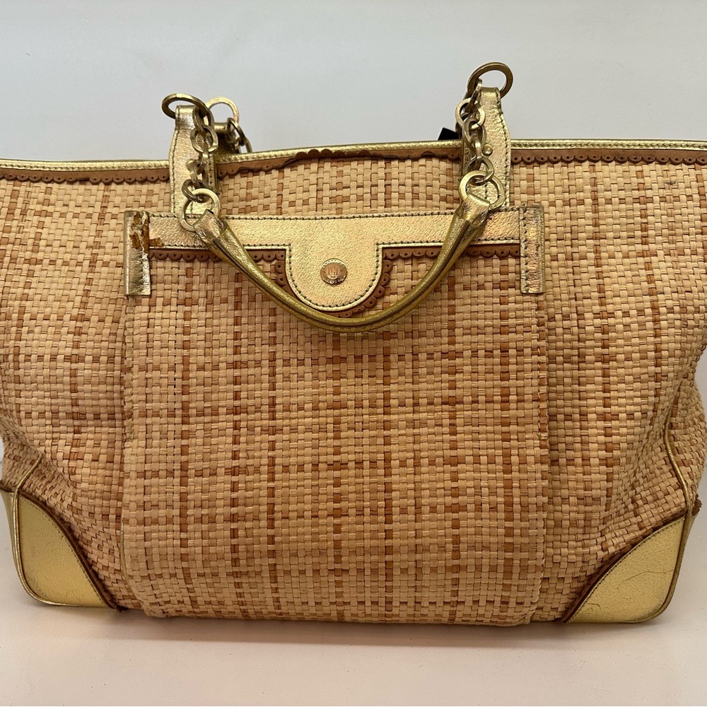 Lambertson Straw Gold and Tan Oversized Tote Bag